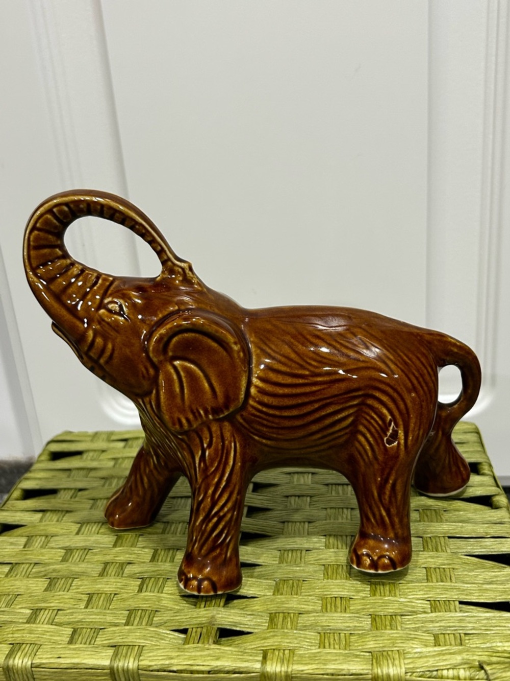 Vintage Brown Ceramic Elephant Figurine Lucky Trunk Up Decor